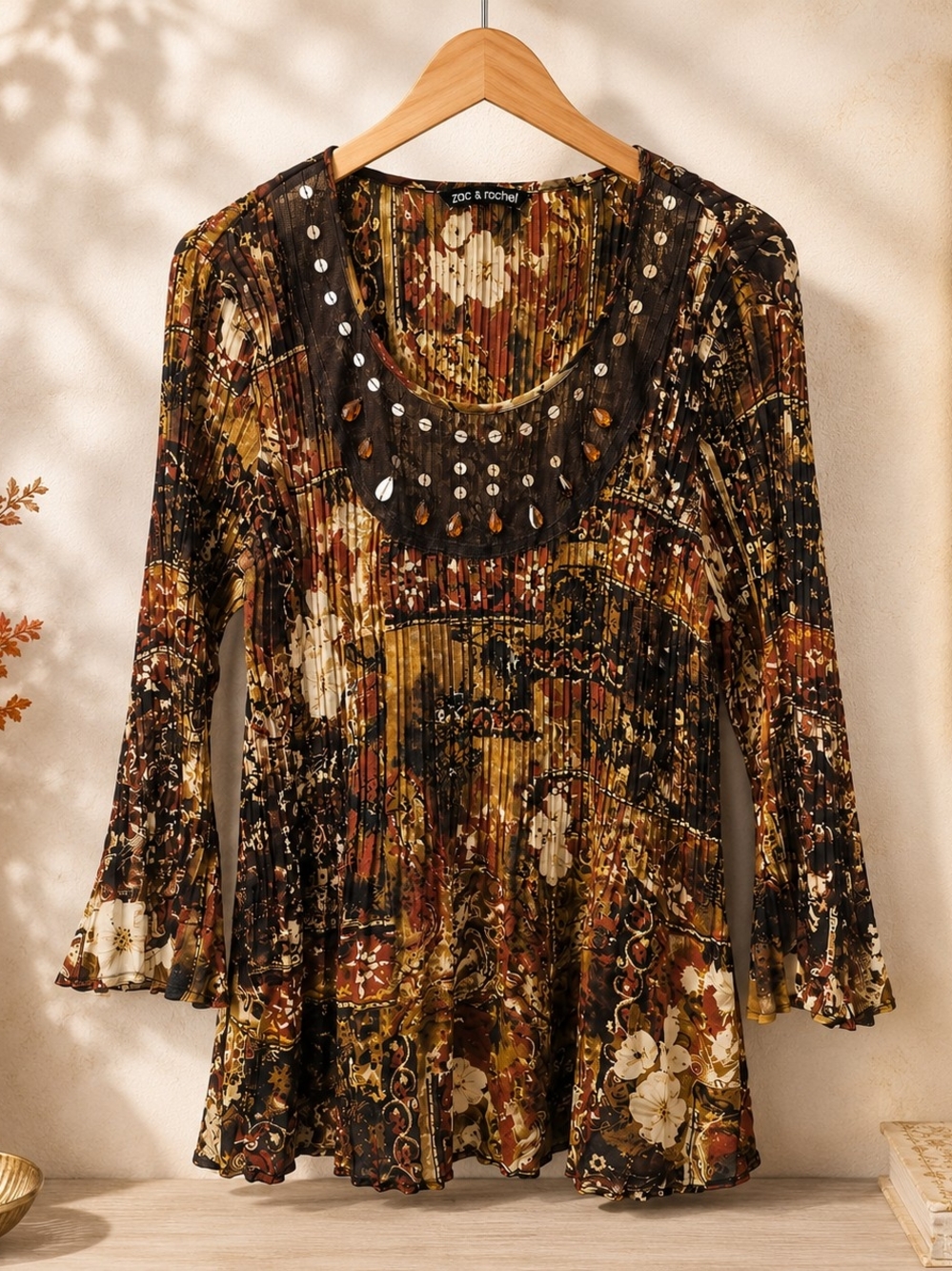 Zac & Rachel Boho Pleated Embellished Tunic Top Brown Rust Gold L